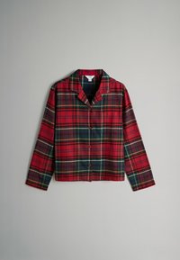 Red plaid button-up shirt with long sleeves, featuring a spread collar, contrasting green and yellow lines, and a relaxed fit.