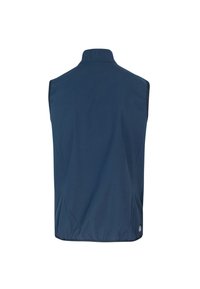 Gilet senza maniche di colore blu navy realizzato in tessuto leggero, con colletto alto e orlo elastico. La vista posteriore mostra una texture liscia, senza motivi.