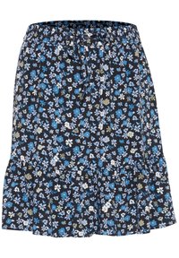 Falda floral en azul marino oscuro con un dobladillo acampanado. Presenta una cinturilla fruncida y un lazo ajustable. Estampado floral en azul, verde y blanco.