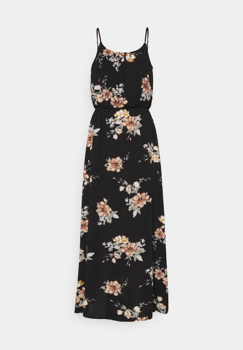Robe longue noire sans manches avec bretelles réglables, taille élastique, et motif floral rose et jaune sur tissu léger.