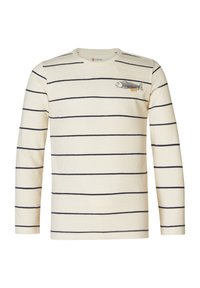 Crème kleurige blouse met lange mouwen en marineblauwe strepen, met een vis borduursel op de borst. Gemaakt van zacht katoen met een ronde halslijn.