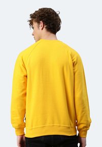 Gelbes Sweatshirt, aus Baumwolle, Rundhalsausschnitt, lange Raglanärmel, gerippte Bündchen und Saum, glatte Textur, minimale Markenkennzeichnung an der Seite.
