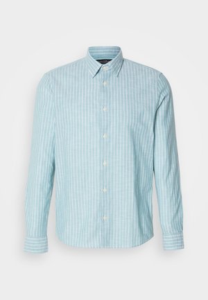 Lichtblauw overhemd met lange mouwen en knoopsluiting, voorzien van witte verticale strepen. Het shirt heeft een klassieke kraag en een zachte textuur, met een casual ontwerp.