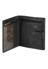 Portafoglio in pelle nera con numerosi scomparti per carte, una tasca con cerniera e una finestra trasparente per l'ID; logo in rilievo visibile all'interno.