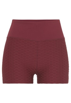 Bordeauxfarbene Shorts mit einem glatten Bund und einem strukturierten unteren Bereich, der ein Wabenmuster aufweist. Dehnbare Stoff, mit mittellanger Beinform.