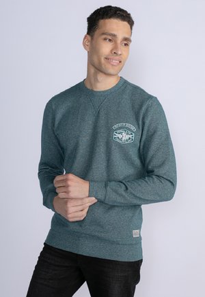 Green heathered sweatshirt with long sleeves, crew neck, and a logo patch on the chest. Soft texture and ribbed cuffs and hem.