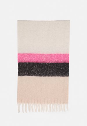 Écharpe en laine douce avec de larges rayures horizontales beige, rose, noire et marron clair, avec des franges en bas.