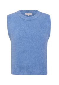 Weicher blauer gestrickter ärmelloser Pullover mit geribbeltem Rundhalsausschnitt und Saum, etikettiert mit "Soft Rebels", auf einem weißen Hintergrund präsentiert.