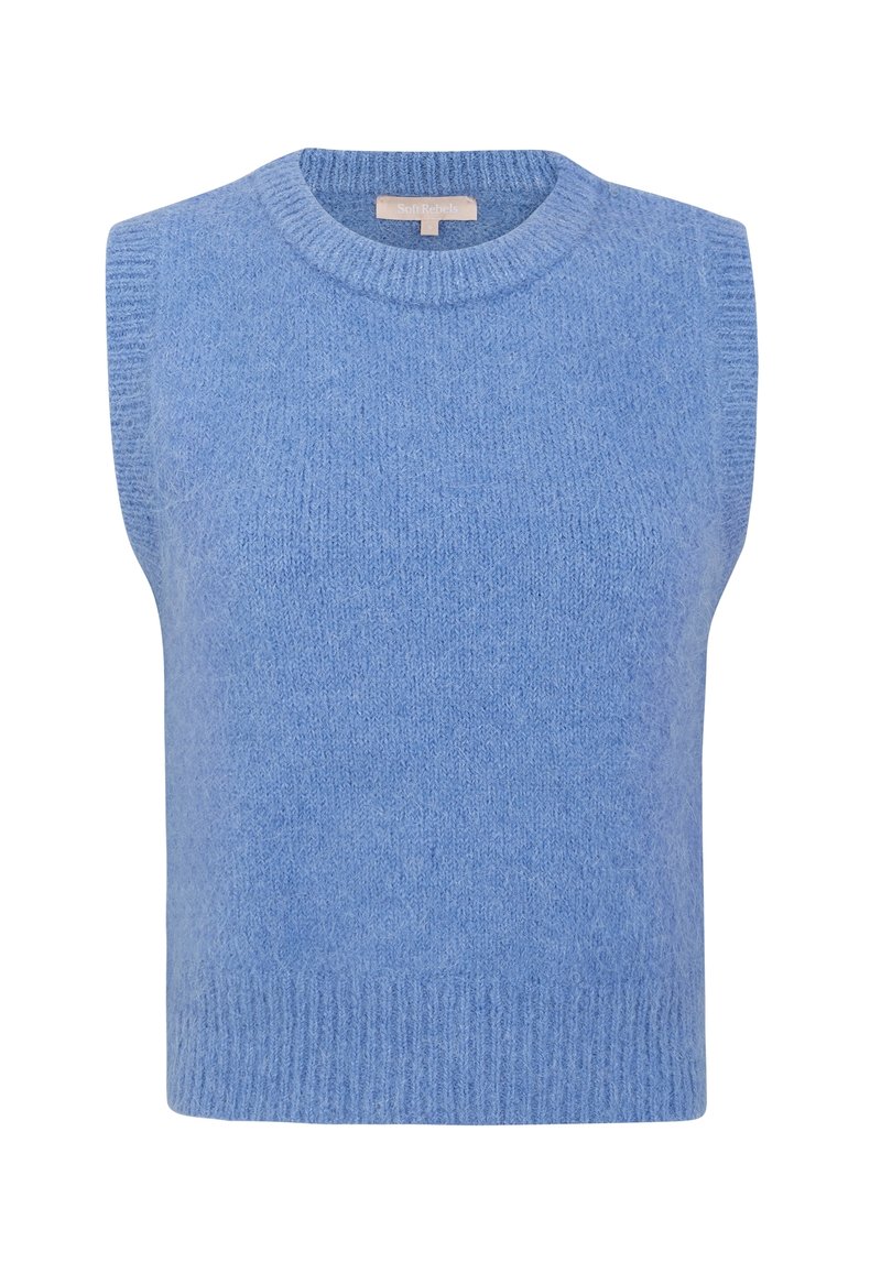 Weicher blauer gestrickter ärmelloser Pullover mit geribbeltem Rundhalsausschnitt und Saum, etikettiert mit "Soft Rebels", auf einem weißen Hintergrund präsentiert.