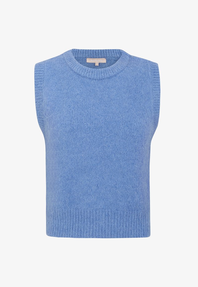 Weicher blauer gestrickter ärmelloser Pullover mit geribbeltem Rundhalsausschnitt und Saum, etikettiert mit "Soft Rebels", auf einem weißen Hintergrund präsentiert.