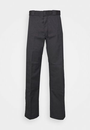 Black pants made of durable fabric, featuring a straight leg design, a waistband with belt loops, and seams for added texture.