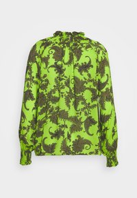 Långärmad blus i livlig limegrön med intrikata mönster i mörkbrun paisley. Har en rynkad halsringning och elastiska ärmslut.