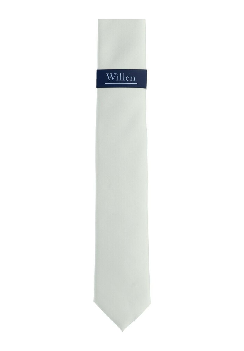 White tie with a smooth texture, featuring a dark blue label with the word "Willen" in light blue font. The tie has a pointed end.