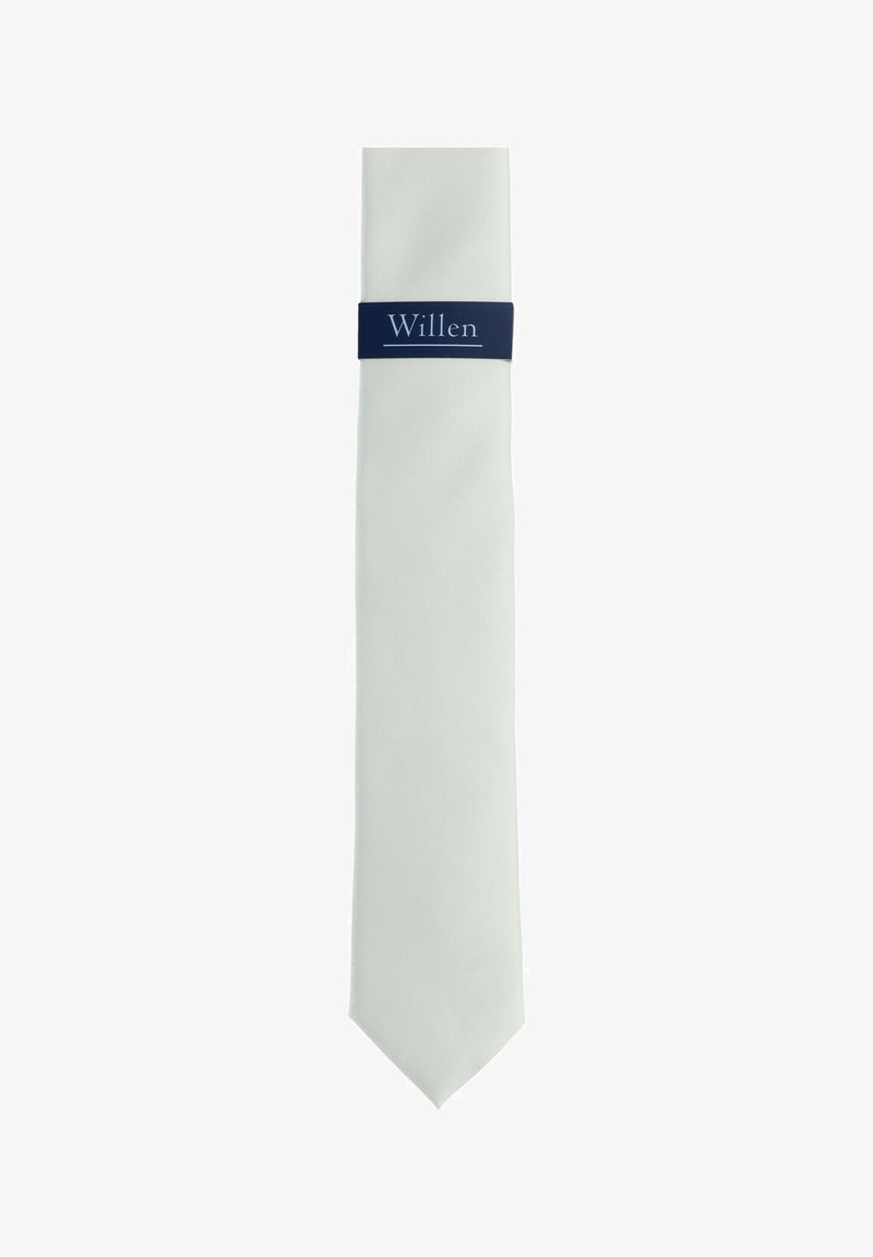 White tie with a smooth texture, featuring a dark blue label with the word "Willen" in light blue font. The tie has a pointed end.