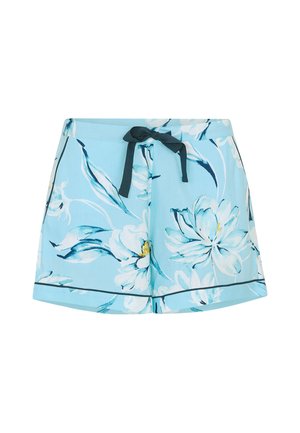 Lichtblauwe korte broek met bloemenprint, voorzien van een donkerblauwe trekkoord in de taille en donkere bies langs de zoom, ontworpen voor casual gebruik.