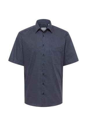 Herre kortærmet skjorte med knapper i mørkeblå med et lille hvidt prikkemønster og spids krave.