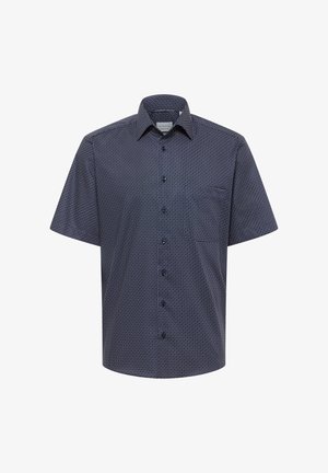 Herren-Kurzarm-Hemd in Dunkelblau mit einem kleinen weißen Punktmuster und spitzem Kragen.