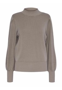 Pull en tricot beige avec un col côtelé haut, des manches ballon et une taille côtelée. Texture douce avec une finition lisse.
