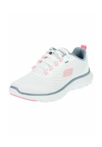 Scarpa sportiva bianca con dettagli grigi e rosa. Presenta una parte superiore in rete, un colletto imbottito e una suola flessibile per il massimo comfort.