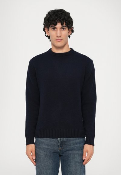 Man with curly hair wearing a plain dark navy sweater and blue jeans, standing against a light gray background.