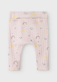 Roosa ribadega leggings, millel on pastelltoonidega kujundus: vikerkaared, päikesed ja lilled. Kerge kangas ja elastne vöökoht.