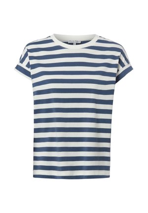 Krótki rękaw, niebiesko-biała koszulka z poziomymi paskami, z okrągłym dekoltem i małymi podwiniętymi mankietami na rękawach.