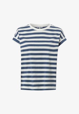 Kurzärmeliges T-Shirt mit blauen und weißen horizontalen Streifen, einem runden Ausschnitt und kleinen umgeschlagenen Bündchen an den Ärmeln.