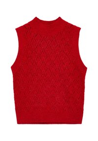 Maglione senza maniche rosso lavorato a maglia con un collo alto, caratterizzato da un motivo a diamante e orlo a coste. Tessuto texture con un aspetto leggermente lucido.