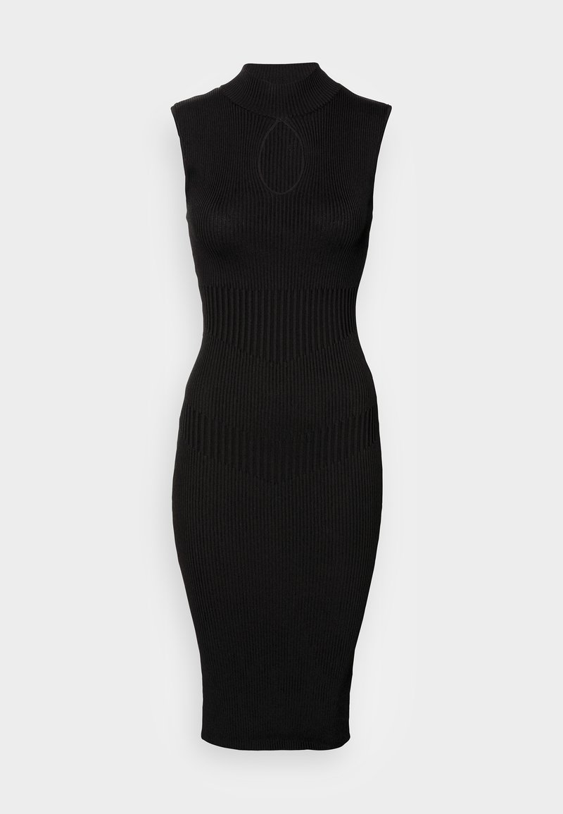 Robe midi noire sans manches en maille côtelée avec col montant et découpe en forme de goutte sur la poitrine, silhouette ajustée.