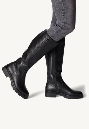 Black leather knee-high boots with a side zipper, textured upper, round toe, and a low, rugged sole for traction.