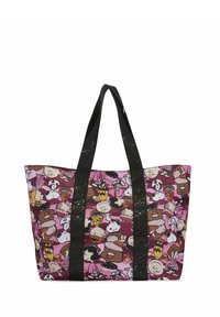 Grote tote bag met een roze achtergrond en verschillende cartoonfiguren in zwarte omtrekken. Dikke zwarte hengsels met een patroon.