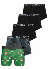 Set med fyra boxershorts, inklusive tre svarta och en med ett grönt dödskallemönster på en blommig bakgrund, alla med märkta midjeband.