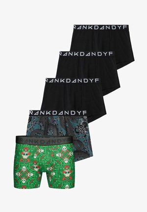 Set med fyra boxershorts, inklusive tre svarta och en med ett grönt dödskallemönster på en blommig bakgrund, alla med märkta midjeband.