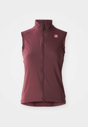 Beigemis be rankomis maroon spalvos dviratininkų liemenė su priekiniu užtrauktuku ir mažu apvaliu raudonu logotipu kairėje krūtinės pusėje.