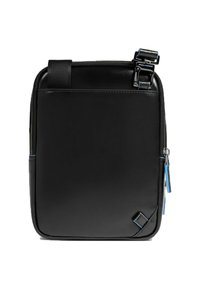 Schwarze Leder-Umhängetasche mit rechteckiger Form, Reißverschluss, verstellbarem Riemen und einem kleinen blauen Akzentdetail auf der Vorderseite.