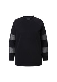 Felpa nera con maniche raglan, realizzata in tessuto opaco e con strisce lucide a contrasto sulle maniche. Collo rotondo e vestibilità comoda.