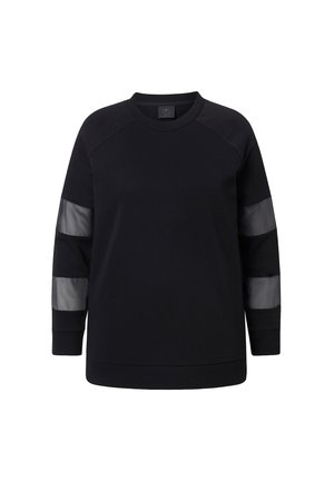 Sweatshirt noir à manches raglan, en tissu mat avec des rayures brillantes contrastantes sur les manches. Encolure ronde et coupe décontractée.