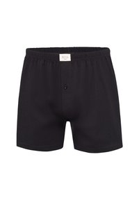 Černé bavlněné boxery s nastavitelným předním zapínáním, elastickým pasem a štítkem s nápisem "P&D Co." Hladký povrch s klasickým střihem.