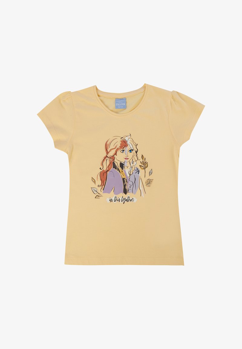 Żółta bawełniana koszulka z nadrukiem graficznym przedstawiającym dwoje postaci z długimi włosami i akcentami roślinnymi; poniżej napis "jesteśmy w tym razem."