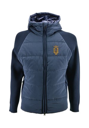 Giacca con cappuccio blu navy con parte frontale trapuntata, maniche a coste, cerniera intera e stemma ricamato giallo sul petto.