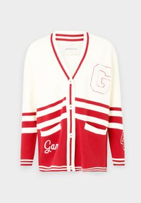 Rød og hvit cardigan med V-hals, knapper foran, stripete ermer, to frontlommer og broderte "G" og "Gant" detaljer.