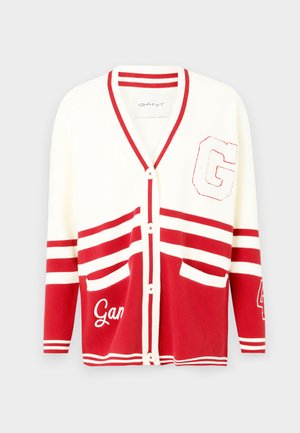 Cardigan rosso e bianco con scollo a V, chiusura con bottoni, maniche a strisce, due tasche frontali e dettagli ricamati "G" e "Gant".