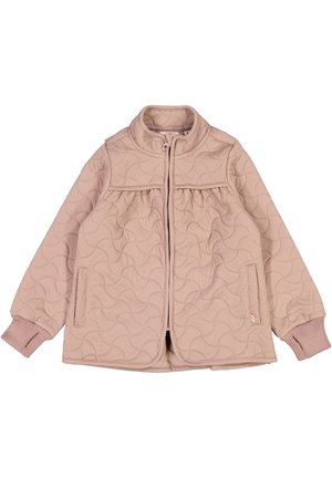 Pikowana kurtka w jasnoróżowym kolorze z stójką, pełnym zamkiem i detalami w postaci marszczonej paneli. Żebrowane mankiety oraz dwie boczne kieszenie. Gładka faktura.