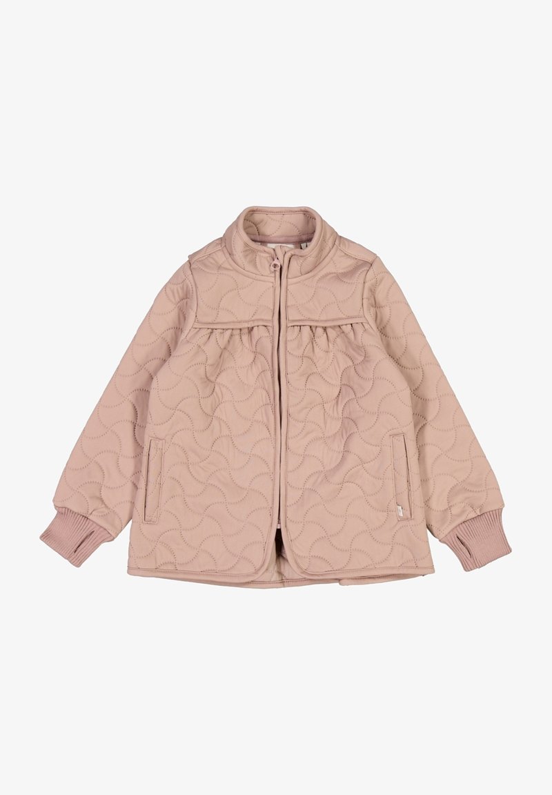 Veste matelassée en rose pâle avec col montant, fermeture éclair intégrale et détails de panneaux froncés. Poignets côtelés et deux poches latérales. Texture lisse.