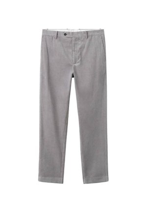 Szare sztruksowe spodnie z pionowym prążkowaniem, o prostym kroju, z przednimi kieszeniami i zapięciem na guzik. Tekstura jest miękka i aksamitna.