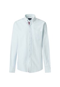 Lichtblauwe lange mouwen overhemd met witte strepen. Heeft een zak op de linkerborst en een kraag met knoopdetails.