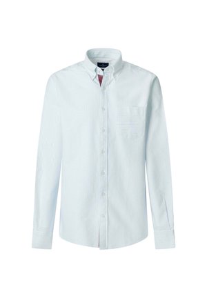 Light blue long-sleeve button-up shirt with white stripes. Features a pocket on the left chest and a collar with button details.