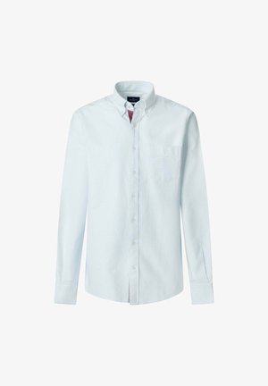 Svetlomodrá košeľa na gombíky s dlhým rukávom a bielymi pruhmi. Obsahuje vrecko na ľavej strane hrudníka a golier s detailami na gombíky.