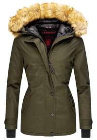 Olive green parka jacket with a detachable yellow faux fur hood, zip and snap closure, and side pockets. Features black elastic cuffs.