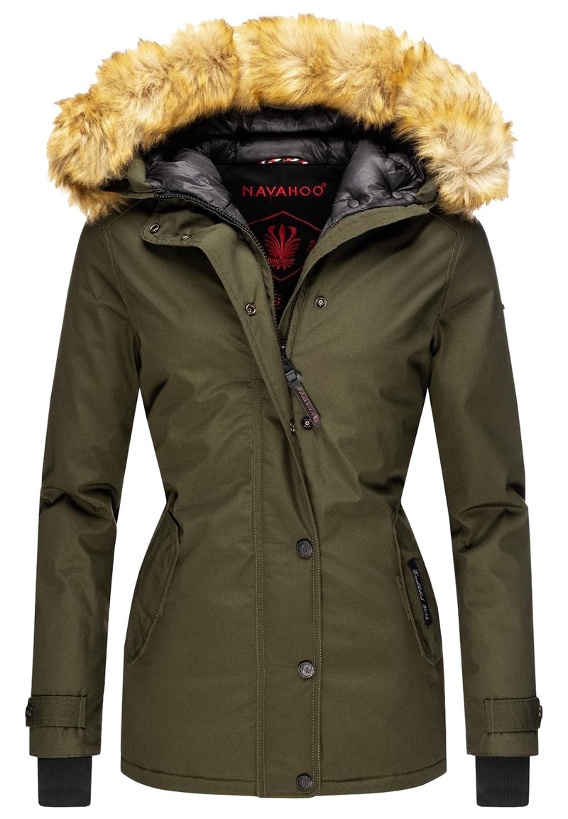 Olive green parka jacket with a detachable yellow faux fur hood, zip and snap closure, and side pockets. Features black elastic cuffs.